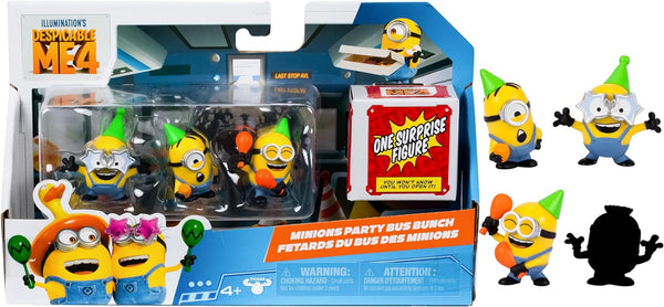 MINIONS I - Simply Incorrigible 4, pachet de 4 figurine Party Bus Troupe. Figurine de colecție înalte de 5,8 cm. Pachetul conține 3 figurine vizibile plus 1 figurină surpriză ascunsă