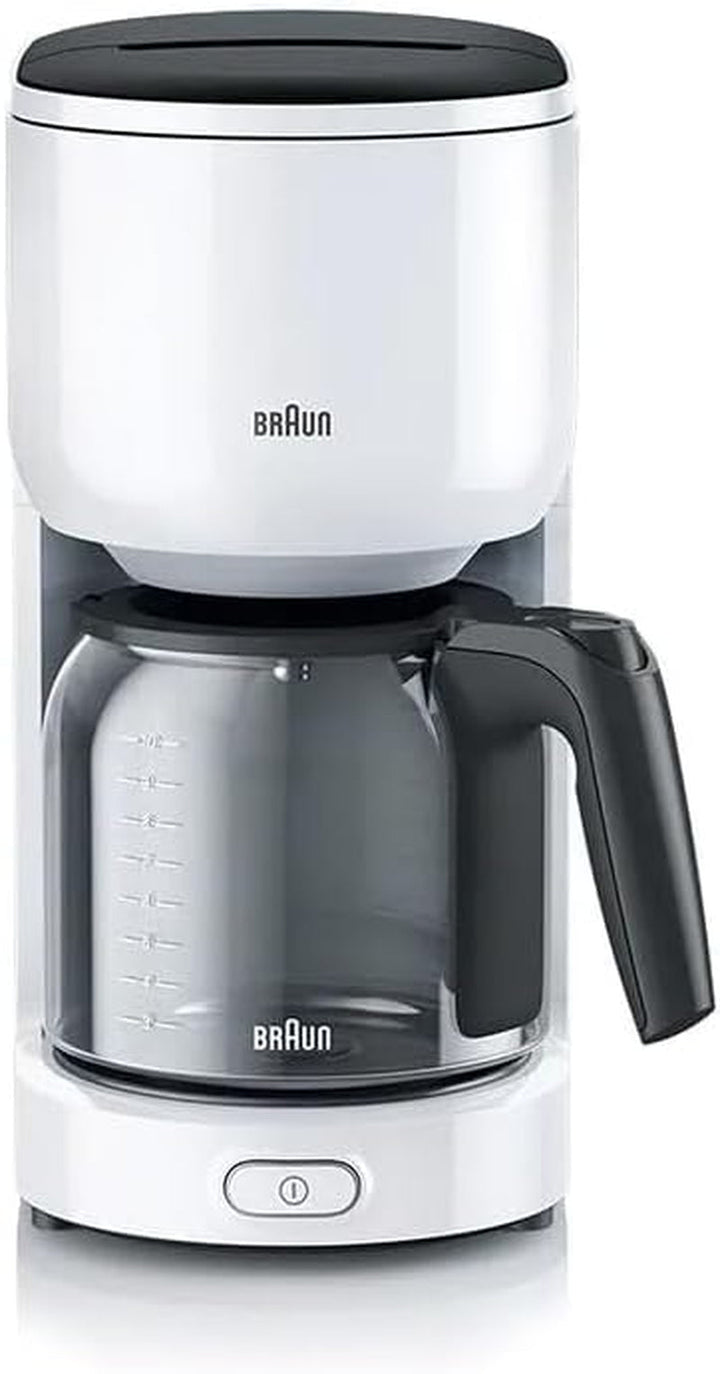 Cafetiera Braun Purease KF 3120 WH - Cafetieră cu filtru cu ulcior din sticlă pentru 10 cești de cafea, cafetieră pentru o aromă unică, filtru de apă integrat, 1000 wați, alb