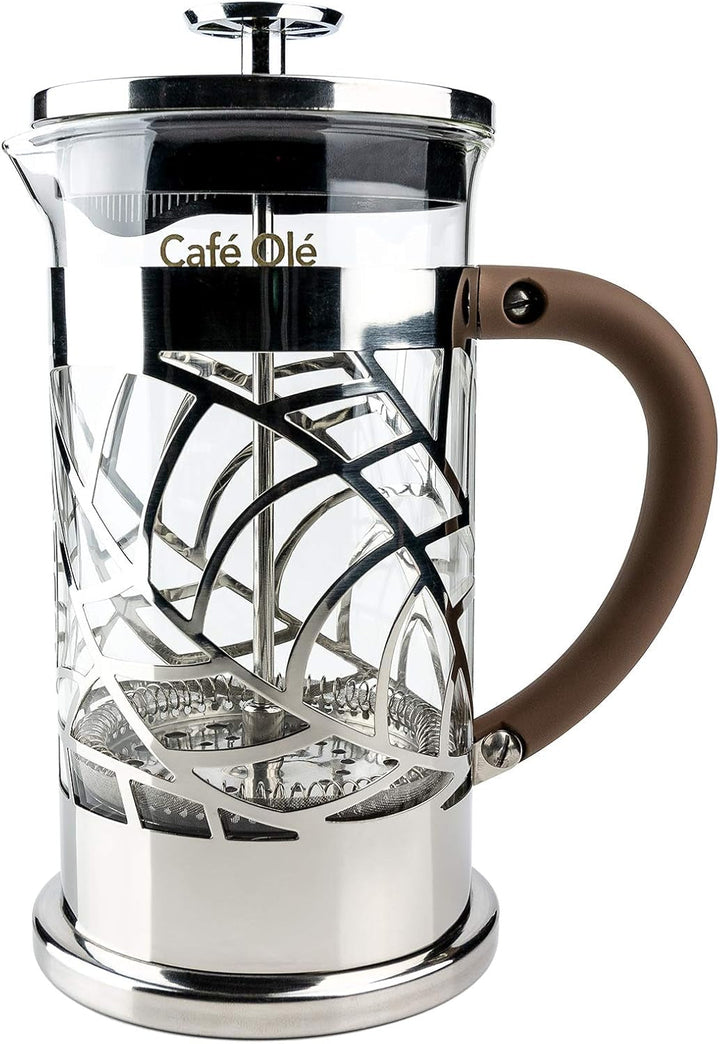 Grunwerg Café Olé Floral transparent filtru de cafea Presă de cafea din oțel inoxidabil 18/10 și sticlă 600 ml 4 pahare Demitasse, argintiu