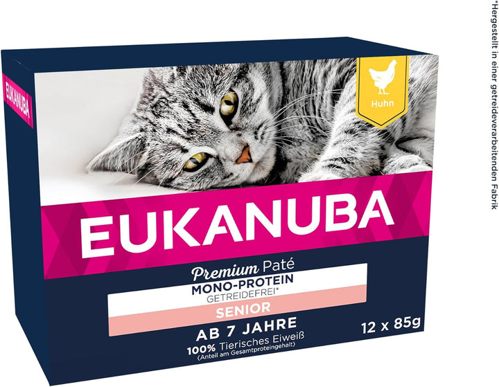 EUKANUBA Senior Cat Food Wet Grain Free - Hrană umedă premium cu mult somon pentru pisici în vârstă, 12 X 85 G