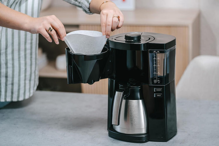 Melitta, Cafetieră Filtre LOOK V Therm Timer 1,25L Noir/Acier, Cafetieră programabilă, Funcție Aromaselector, Funcție Minuteur, Porte-Filtres 1X4, 10 Tasses, Verseuse Isotherme,1025-12,1080W