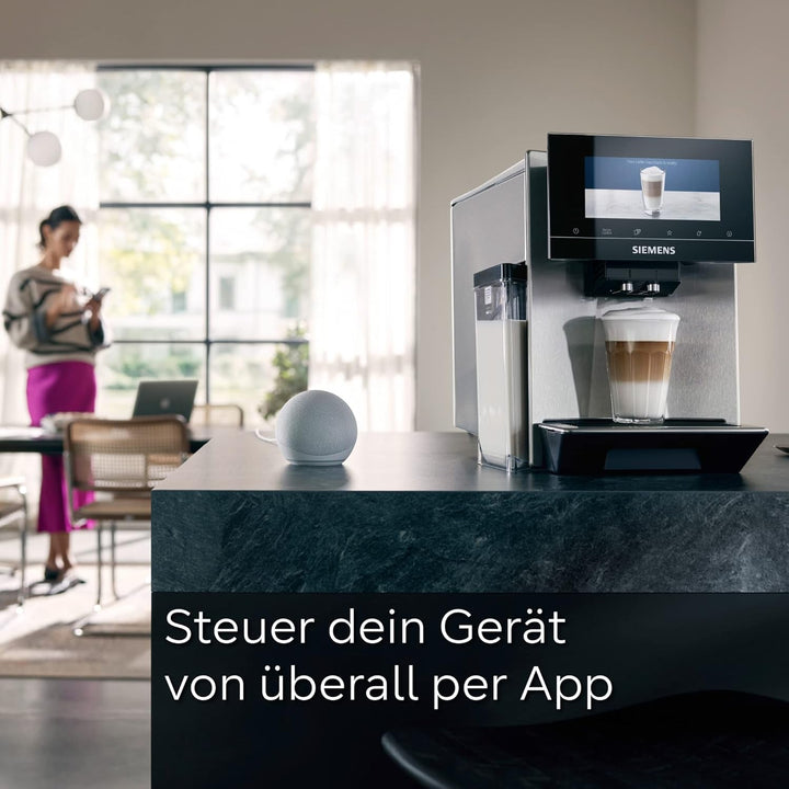 Siemens EQ900 TQ903D03 aparat de cafea complet automat, control prin aplicație, afișaj intuitiv full-touch, mod barista, stimulare aromă, reducere zgomot, râșniță premium, curățare automată cu abur, 1500 W, oțel inoxidabil