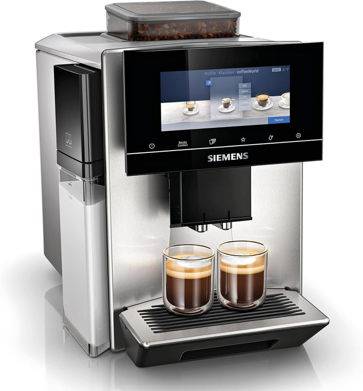 Siemens EQ900 TQ903D03 aparat de cafea complet automat, control prin aplicație, afișaj intuitiv full-touch, mod barista, stimulare aromă, reducere zgomot, râșniță premium, curățare automată cu abur, 1500 W, oțel inoxidabil