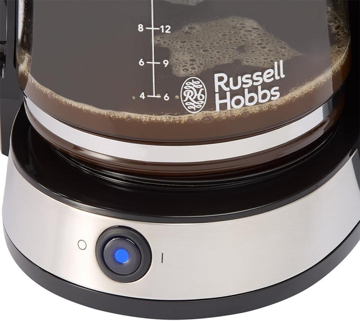 Cafetieră Russell Hobbs (filtru de cafea, ulcior de sticlă de 1,25L, 10 cești, funcție de menținere la cald 40 min., oprire prin picurare, oțel inoxidabil periat, funcție Brew-Now, lumină albastră) Heaton 27400-56