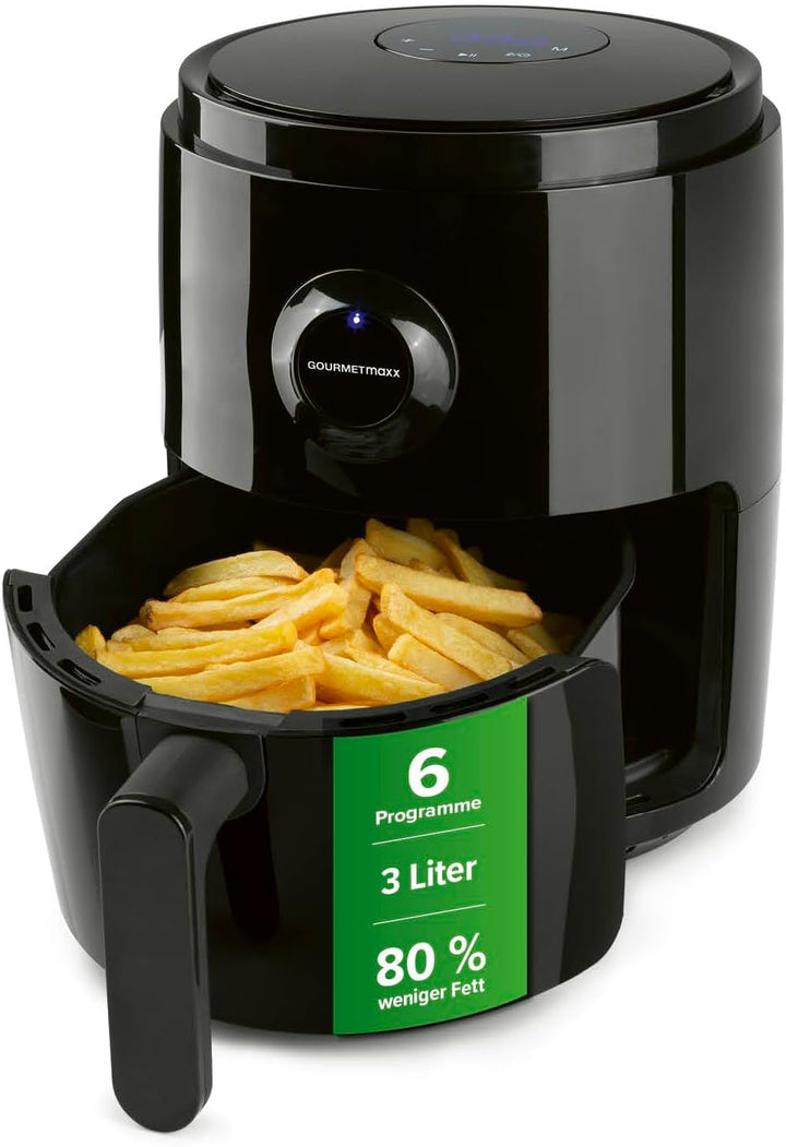 Gourmetmaxx Digitale Heißluftfritteuse XXL - 9L Ofen | Airfryer Mit Timerfunktion, Touchdisplay, Drehspieß, Schaschlikspießen | Fettarm, Energiesparend Frittieren | 8 Programme, 1800 W