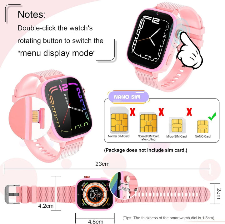 Smartwatch 4G pentru copii, smartwatch pentru copii cu GPS și telefon, ceas de mână pentru copii băiat fată, cu apel telefonic video, mesaje, mod școală, funcție SOS, cameră și pedometru (roz)