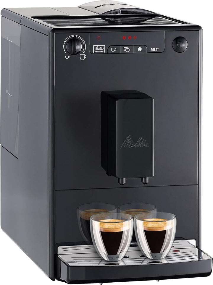 Melitta Solo - Mașină de cafea complet automată cu gura de scurgere reglabilă pe înălțime, Mașină de cafea mică cu rezervor de apă detașabil, De exemplu, pentru espresso sau cremă de cafea, Negru pur