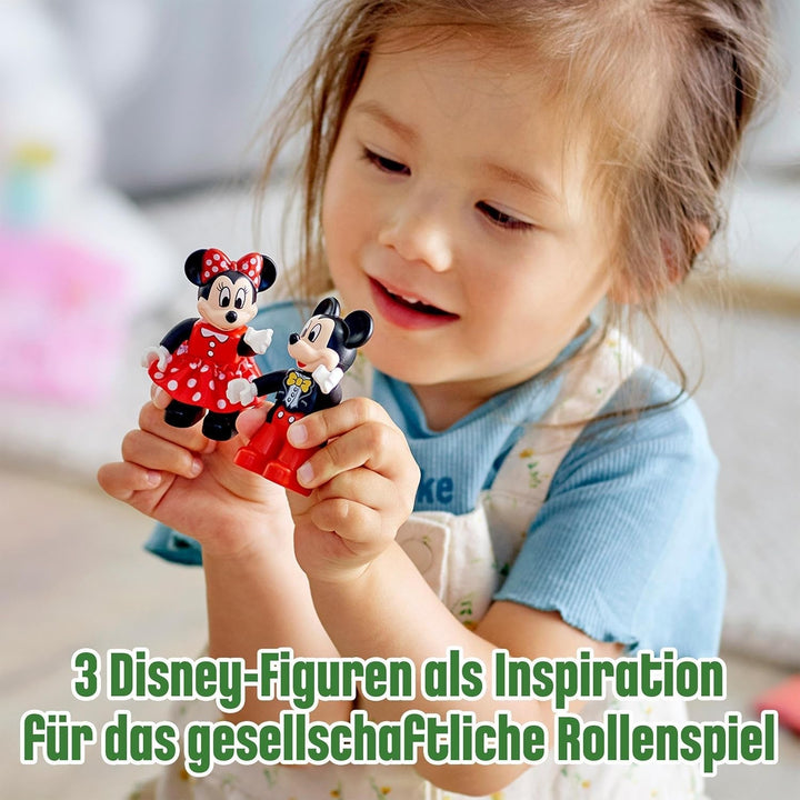 Trenul aniversar LEGO 10941 DUPLO Disney Mickey și Minnie, tren de jucărie cu tort și baloane, cadou pentru copii de 2 ani și peste