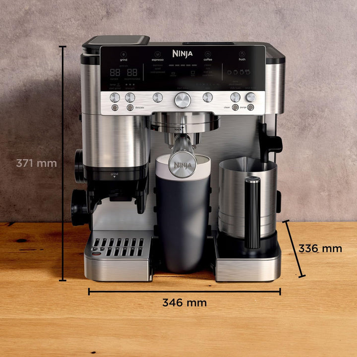 Cafetieră Ninja Luxe Premier 3 în 1 cu râșniță și spumator pentru latte, cappuccino, Cold Brew și espresso, ușor de utilizat, 4 presetări de spumare, argintiu, ES601EU
