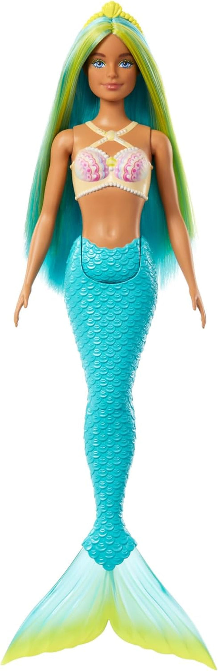 Păpușă sirenă Barbie cu păr fantezie în roz și lila cu bentiță, păpușă cu partea de sus din scoică și aripioară din coadă albastru lavanda, HRR06