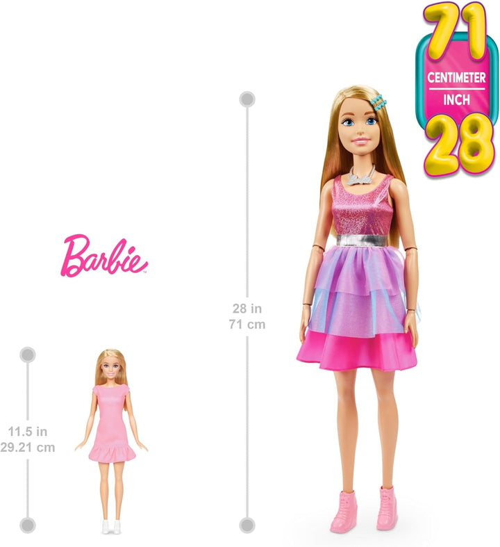 Păpușă Barbie Extra Large (71 cm) - rochie roz, păr blond cu baretă și colier, cadou pentru copii 3+, HJY02