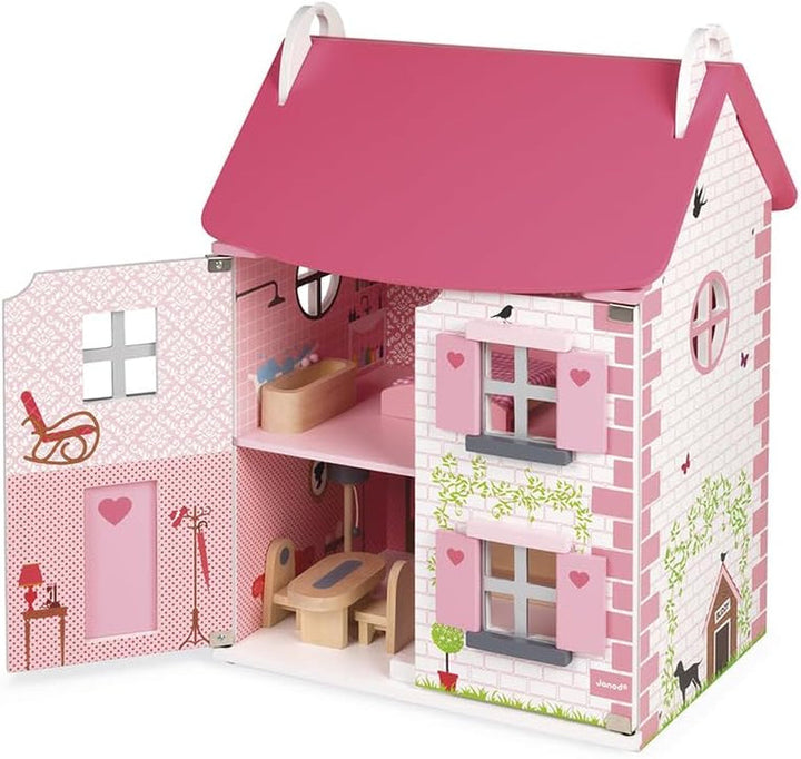 Janod - Casa de păpuși din lemn Mademoiselle, 3 etaje și cu 11 accesorii, replică de jucărie, dezvoltă imaginația, de la 3 ani, J06581, roz Casute de papusi Naty Shop