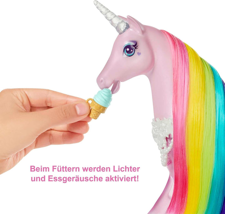 Barbie Dreamtopia Magical Magic Light Unicorn, cu 25+ lumini și sunet, incl. păpușă Barbie și unicorn, cadou pentru copii, jucărie de la 3 ani, GWM78