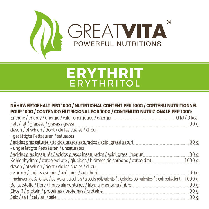 Greatvita Erythrit 1000 G | Kalorienfreies Süßungsmittel & Zucker-Alternative | Zahnfreundlich, Gut Löslich & Glutenfrei | Ideal Für Getränke, Desserts & Backen