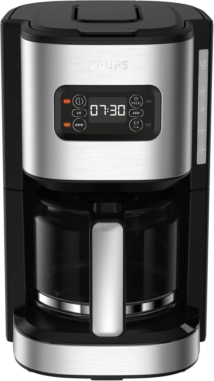 Cafetieră cu filtru programabil Krups KM480D Excellence din oțel inoxidabil, cronometru de 24 de ore, cap de apă pentru selectarea puterii de preparare, mod de preinfuzie, sistem anti-picurare, capacitate 1,25 litri, 15 cești