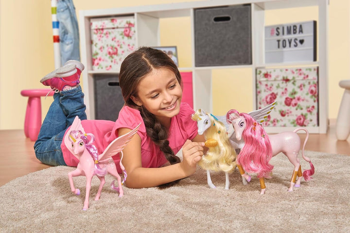 Simba 109480092 - Mia and Me Unicorn Kyara, cu aripi mobile, agrafe de păr și perie pentru coafat, 20 cm, de la 3 ani, roz