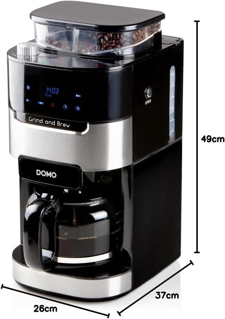 DOMO DO721K Cafetieră "Grind and Brew" cu râșniță și cronometru - 1,5 L, negru, oțel inoxidabil