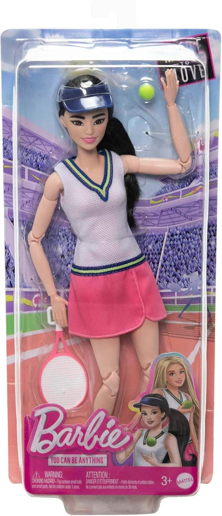 Barbie Made to Move - Jucătoare de tenis cu rachetă și minge - Păpușă cu 22 de articulații pentru o distracție realistă în timpul jocului, pentru fanii tenisului și copiii cu vârsta de 3 ani și peste, HKT73
