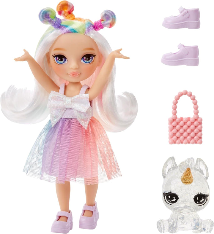 Rainbow High Littles - Opal Raine - păpușă mică, mobilă - păpușă mare de 14 cm în culorile curcubeului cu geantă și unicorn magic - pentru copii și colecționari