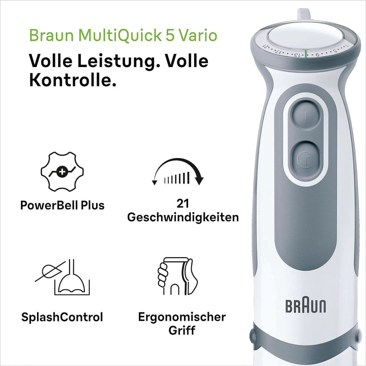 Braun Stabmixer MQ 5200WH - Multiquick 5 Vario Pürierstab Mit Edelstahl Mixfuß, 1000 Watt, Inkl. 600 Ml Mix- & Messbecher, Weiß/Grau