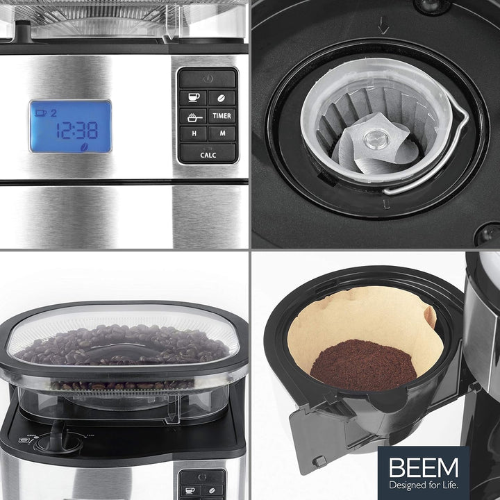 BEEM FRESH-AROMA-PERFECT II Cafetieră cu filtru și râșniță - Termo | Oțel inoxidabil | Ulcior termo | Cronometru 24 ore | 1000 W | Recipient pentru boabe 180 G