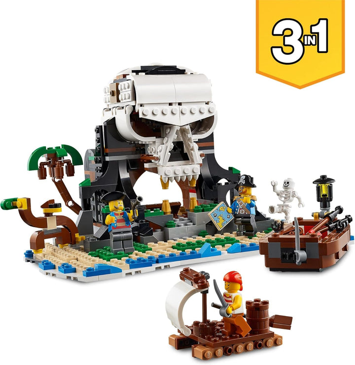 Set navă pirat LEGO Creator 3 în 1, jucărie cu 3 opțiuni de construcție, construiește o tavernă pirat sau o insulă pirat cu craniu, include 3 minifigurine pentru aventuri de rol 31109