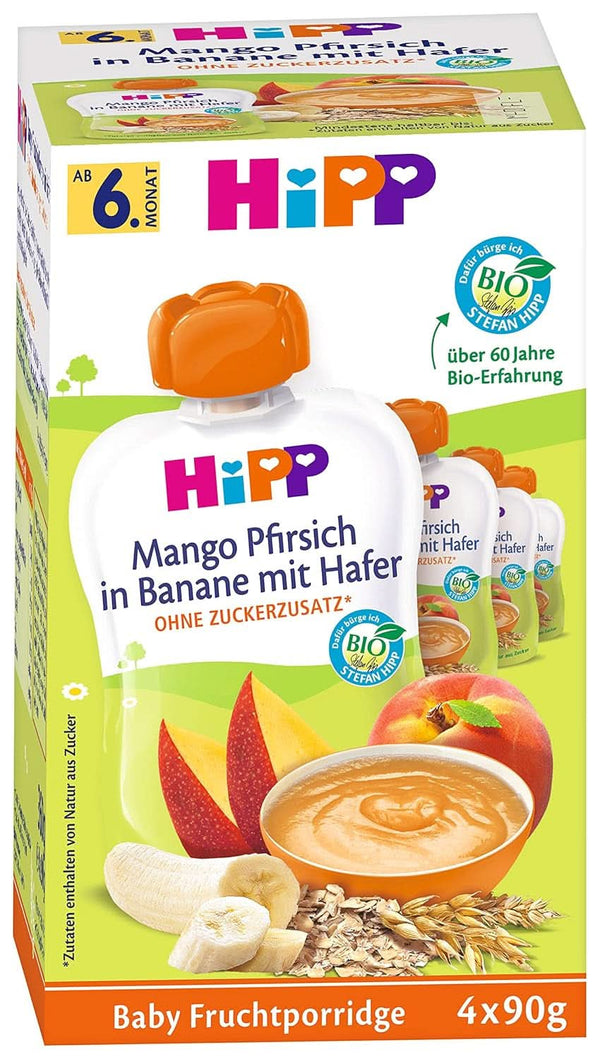 Hipp Quetschbeutel Für Babys, Frucht-Porridge, Mango-Pfirsich in Banane Mit Hafer, 100% Bio-Früchte Ohne Zuckerzusatz, 4 X 4 Beutel À 90 G