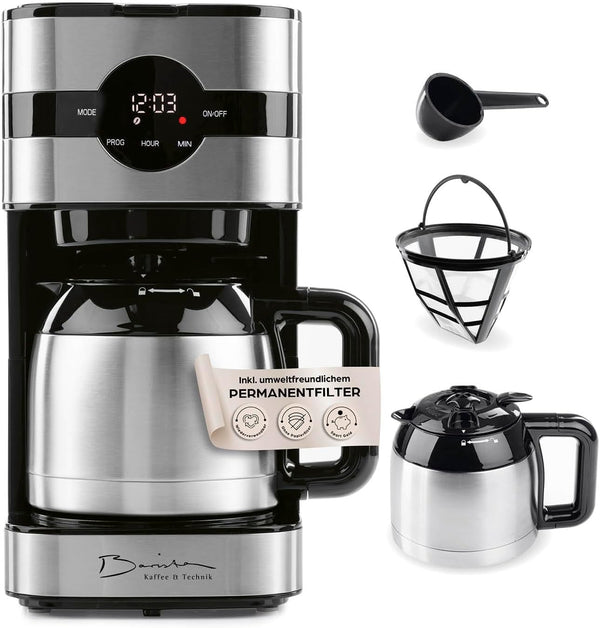 Espressor cu filtru Barista cu termos | Temporizator 24h și filtru permanent | Pentru 8 cești de cafea | Espressor pentru cafea măcinată [Oțel inoxidabil]
