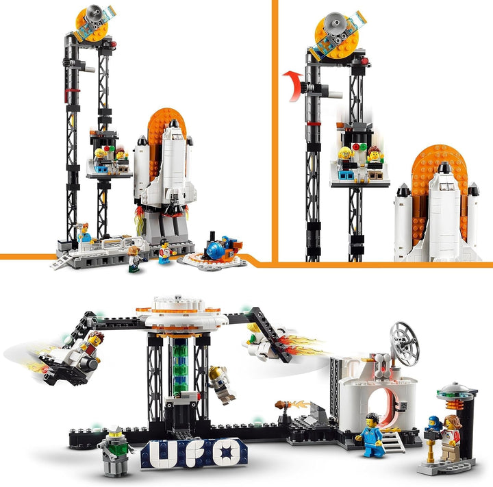 LEGO 31142 Creator 3-In-1 Rollercoaster spațial, kit de jucărie pentru bâlci cu cărucioare funcționale, convertibil în turn de cădere liberă sau carusel cu rachete și cărămizi strălucitoare