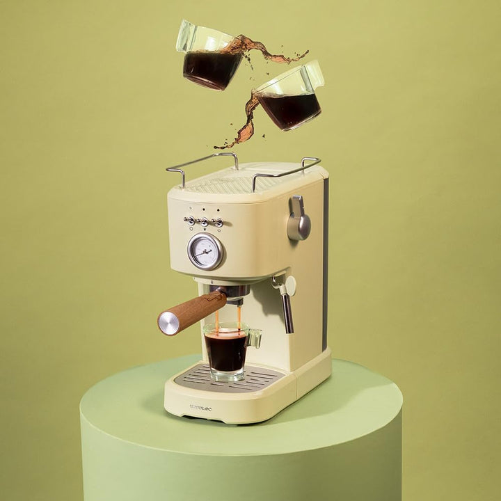 Espressoare Cecotec Compact Power Espresso 20 Retro Green 1100 W, 20 bar, sistem termoblock, abur pivotant, braț pentru filtru cu ieșire dublă și 2 filtre, 1,25 litri