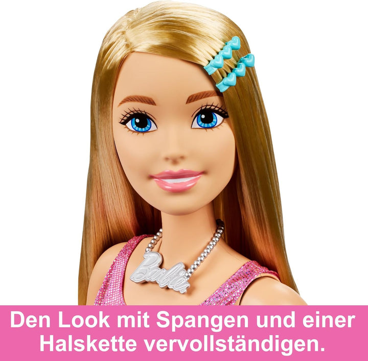 Păpușă Barbie Extra Large (71 cm) - rochie roz, păr blond cu baretă și colier, cadou pentru copii 3+, HJY02