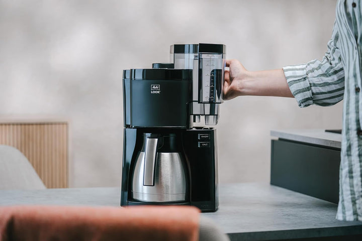 Melitta, Cafetieră Filtre LOOK V Therm Timer 1,25L Noir/Acier, Cafetieră programabilă, Funcție Aromaselector, Funcție Minuteur, Porte-Filtres 1X4, 10 Tasses, Verseuse Isotherme,1025-12,1080W