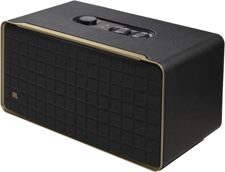 JBL Authentics 200 Smart Home Speaker - Difuzor Bluetooth cu design retro din anii '70 - Cu grilă Quadrex, Google Assistant, Alexa, Airplay și JBL One App - Negru
