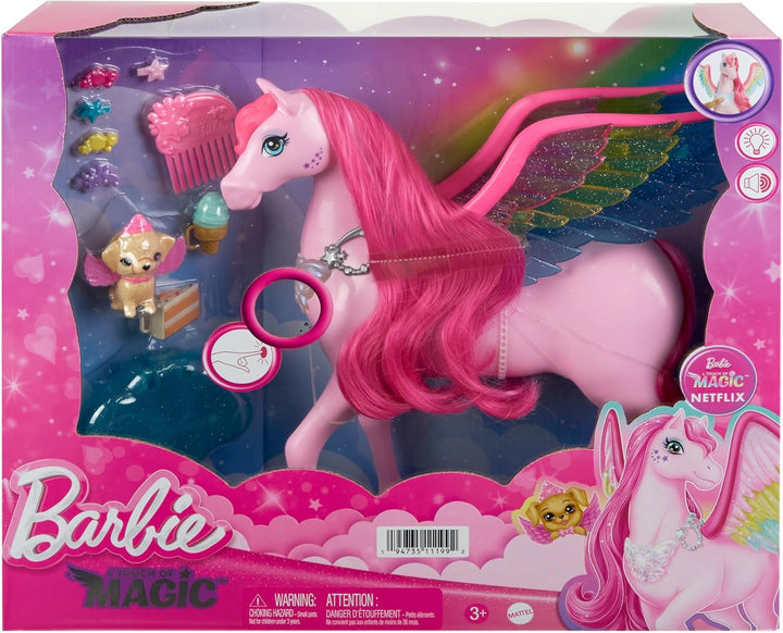 Barbie A Hidden Magic Pegasus - jucărie interactivă cu lumini și sunete, 10 accesorii, aripi curcubeu, pentru copii de la 3 ani, HLC41