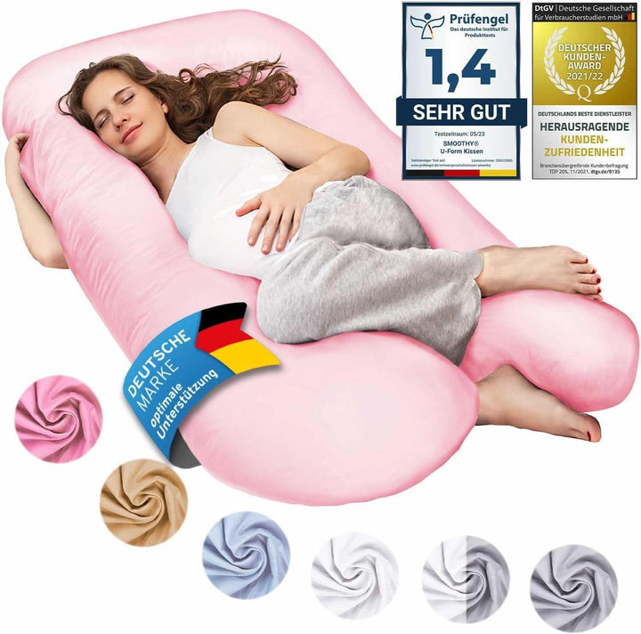 SMOOTHY XXL Schwangerschaftskissen Seitenschläferkissen, Lagerungskissen, Baby-Kissen & Stillkissen in U-Form Mit Abnehmbarem & Waschbarem Bezug Aus 100% Baumwolle (Classic XXL, 150 X 80 Cm, Pink)