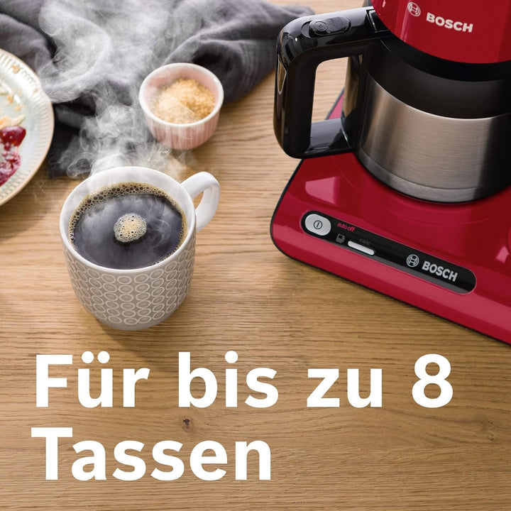 Cafetiera cu filtru Bosch Styline TKA8A054, Termos din oțel inoxidabil de 1,1 litri, Pentru 8-12 cești, Rezervor de apă detașabil, Stop picurare, Suport filtru pivotant, Compartiment de depozitare cablu, 1100 W, Roșu