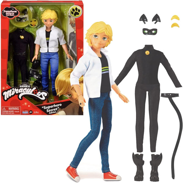 BANDAI - Miraculous - Păpușă Miraculous Cat Noir și Adrien - Păpușă manechin 26 Cm și cele 2 ținute ale ei - Jucărie Miraculous - Păpușă super erou articulată - Jucărie pentru copii de la 4 ani - P50356