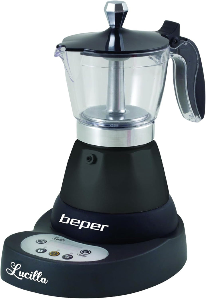 BEPER BC.041N Cafetiera electrică Lucilla - Espresso Maker pentru 3 cești cu timer programabil până la 24 de ore în avans - cafea fierbinte timp de 30 de minute, negru