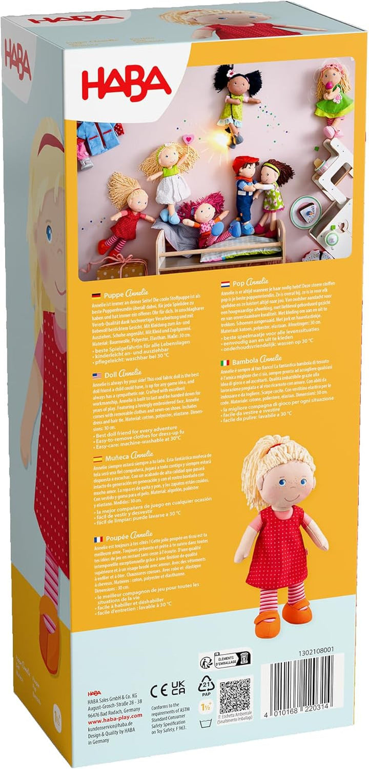 HABA 302108 - Păpușă Annelie, păpușă de cârpă cu haine și păr, 30 cm, jucărie de la 18 luni, roșu