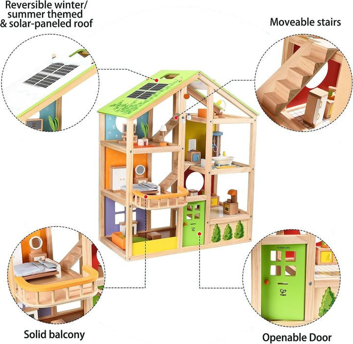 Hape Four Seasons Wooden Doll's House Casă de păpuși premiată cu trei etaje, cu mobilier, accesorii, scări mobile și acoperiș reversibil pentru fiecare sezon