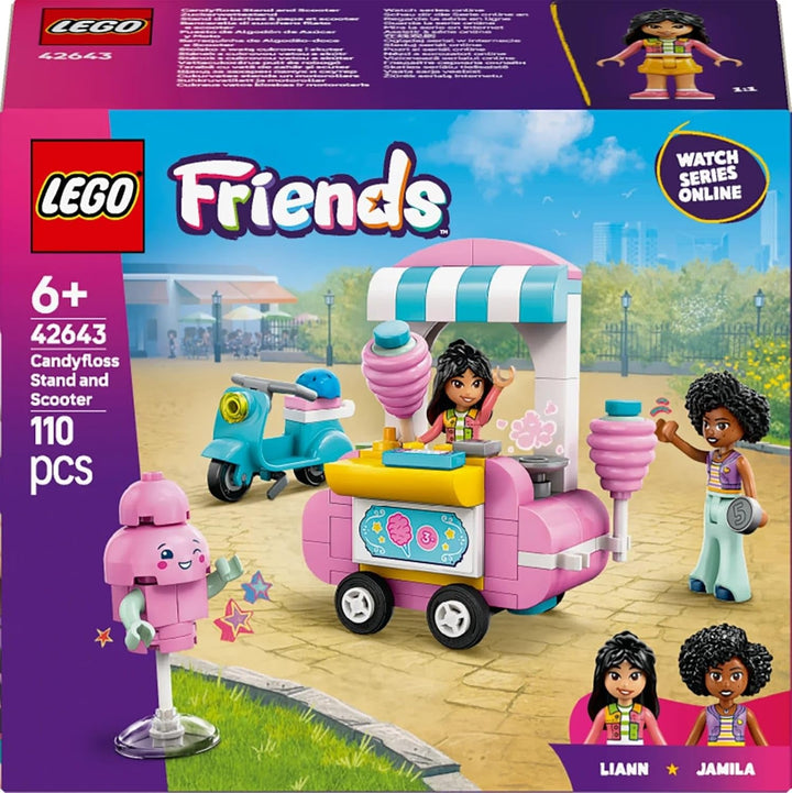 Suport pentru vată de zahăr LEGO Friends, set de joacă pentru jocuri de rol creative cu 2 minifigurine, suport mobil și accesorii, cadou pentru fete de la 6 ani, set de construcție cu mini păpuși 42643