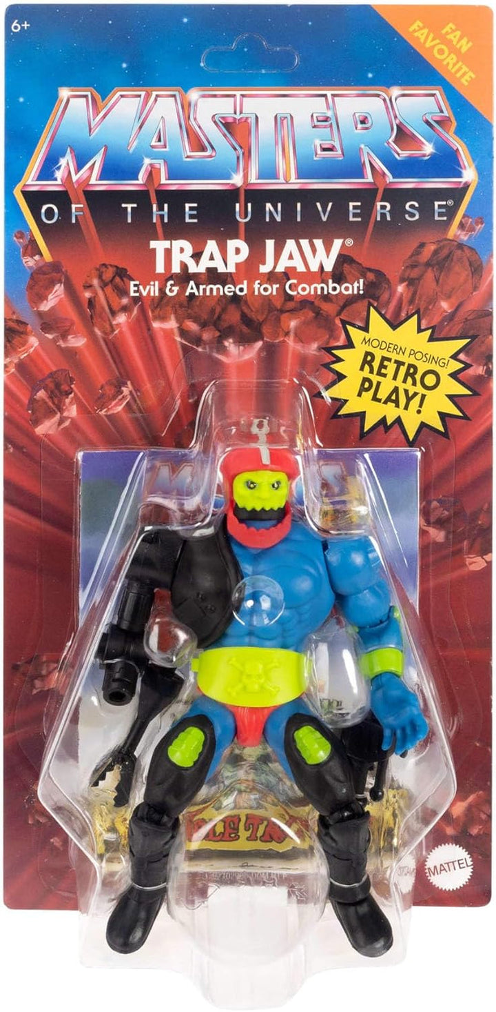 Masters of the Universe Origins figurină de acțiune Trap Jaw figurină de colecție, Aprox. 14 cm mare jucărie populară MOTU Villain cu 16 articulații mobile și accesorii, HYD41, [Multicolor]