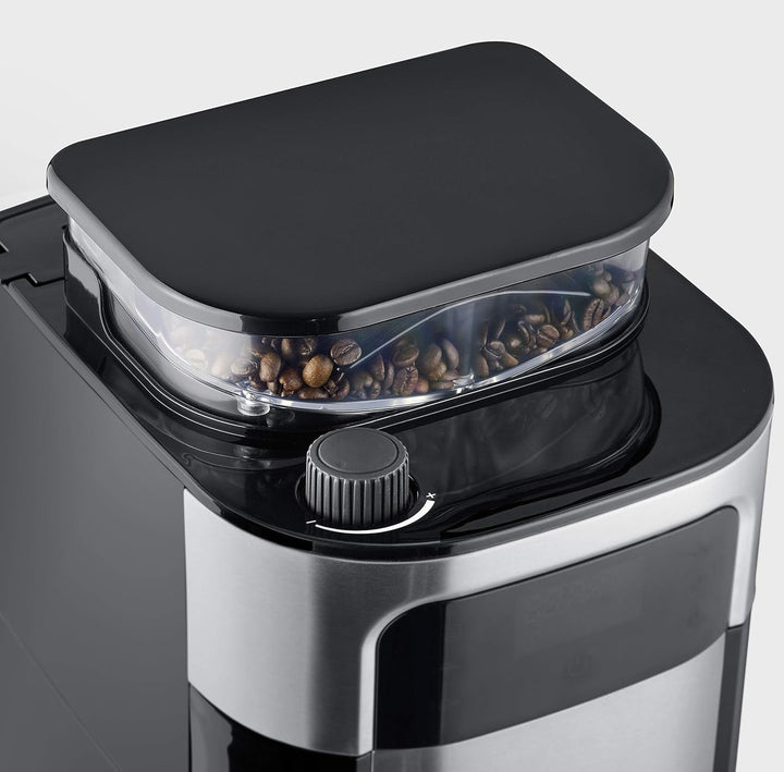 SEVERIN Filtru de cafea cu râșniță din oțel inoxidabil și ulcior termo, măcinare fină și nivel de măcinare selectabil individual, 1000 W, pentru până la 8 cești / Aprox. 1 litru, negru, KA 4814