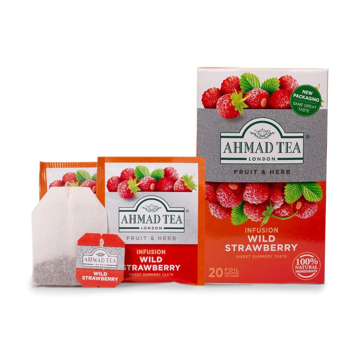 Ahmad Tea - Căpșuni sălbatice - Ceai de fructe și plante fără cofeină - Căpșuni - Pliculețe de ceai ambalate individual, cu aromă sigilată, cu 2 g de ceai per porție - 20 de pliculețe de ceai cu bandă