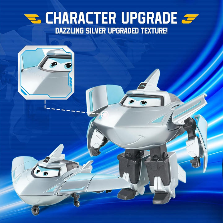 Super Wings Transformation Plane Supercharged Traver, Aprox. 12.7 Cm Figură mare de joacă pentru copii, avion de jucărie și figură de robot pentru băieți și fete de peste 3 ani, argintiu