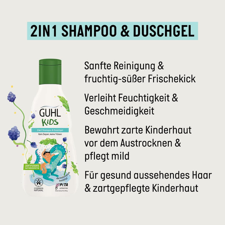 Guhl Kids Dino advantage set - 2x Guhl Kids 2 în 1 Șampon & Gel de duș, 250ml + 1x Pixi book - Special dezvoltat pentru copii - Nu se trage - Certificat Cosmos Natural