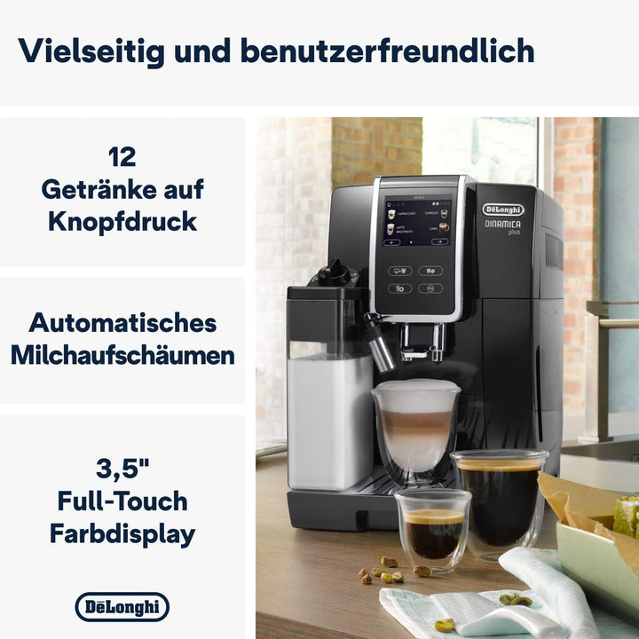 De'Longhi Dinamica plus ECAM 370.70.B Aparat de cafea complet automat cu sistem de lapte Lattecrema, cappuccino și espresso, afișaj color TFT cu ecran tactil de 3,5 inchi și control prin aplicații, funcție cafetieră, negru