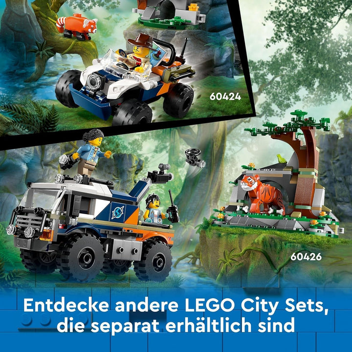 Camion LEGO City Jungle Explorer, set de construit și jucat pentru copii de peste 6 ani, cadou grozav pentru ziua de naștere, camion de jucărie, cu 3 minifigurine Adventurer și tigru 60426
