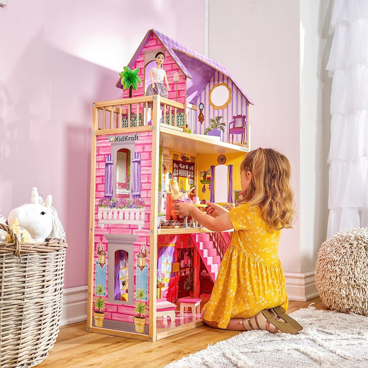 Casa de păpuși din lemn Kidkraft Kayla cu mobilier și accesorii, set de joacă cu 3 niveluri de joc pentru păpuși de 30 cm, jucărie pentru copii de la 3 ani, 65092 - Exclusiv pe Amazon