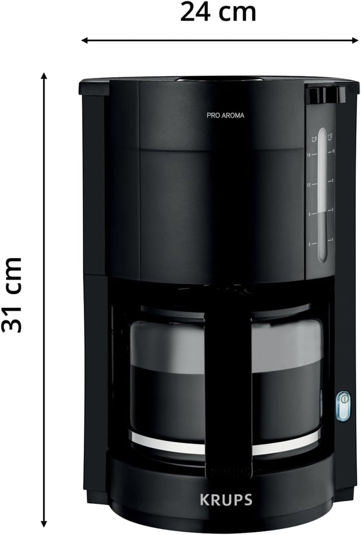 Krups F30908 Proaroma Espressor cu filtru și carafă din sticlă, capacitate 1,25 l, 10-15 cești, 1050 W, negru